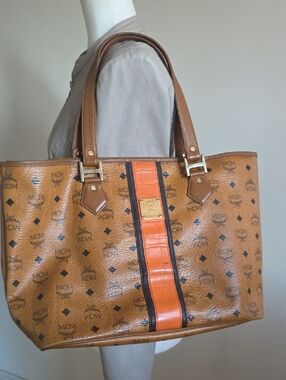 MCM Cognac Visetos Tote with Orange Center Stripe